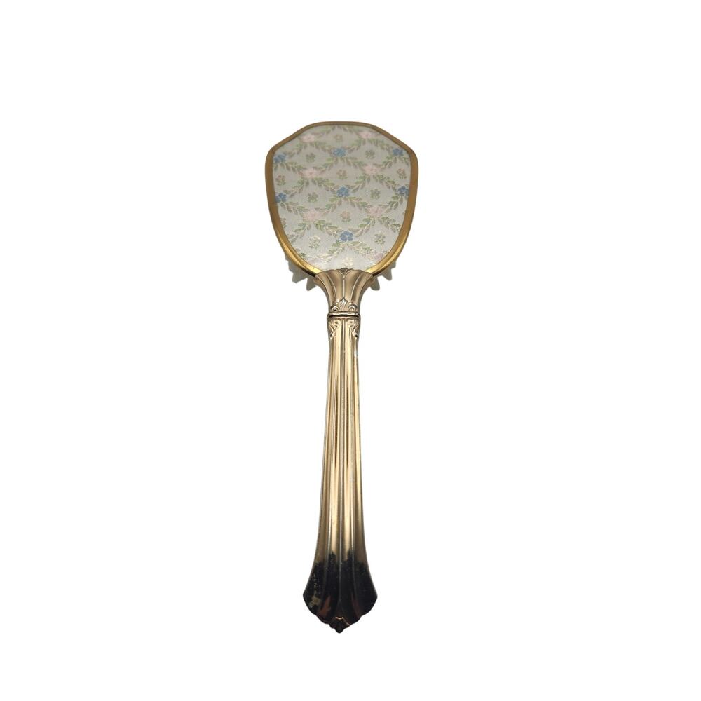 Vintage Gold Tone Floral Tapestry Vanity Hair Brush Nylon Bristles Made USA